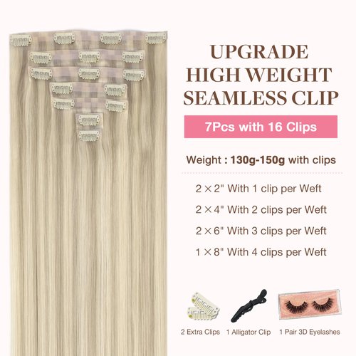 GOO GOO Clip in Hair Extensions Real Human Hair, 14inch 151g 7Pcs, 17A/60A Ash Blonde Highlighted Platinum Blonde, Remy Human Hair Extensions Clip ins for Women, Natural Human Hair