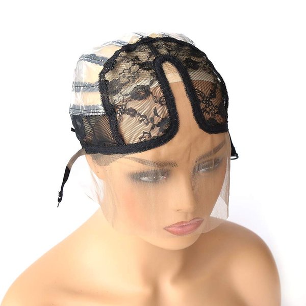 BTWTRY U Part Wig Cap with Lace for Wigs Making with Adjustable Strap Middle Part Medium Size Black Weaving Wig Cap for Women Girls DIY Wigs (2 Pcs, 0051)