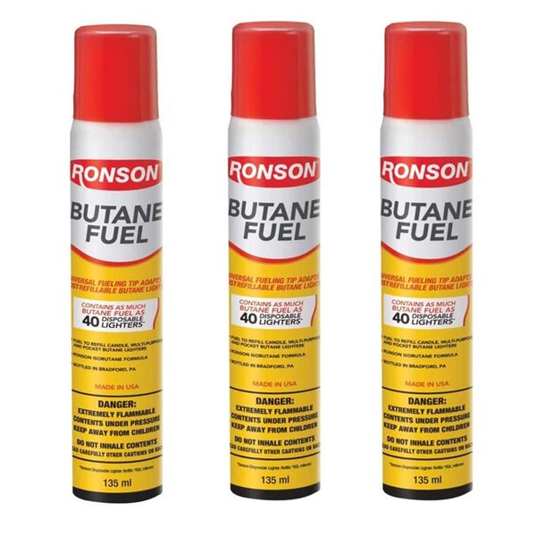 Ronson Lighter Butane Refill 135ML (Pack of 3) with Cleaning Cloths