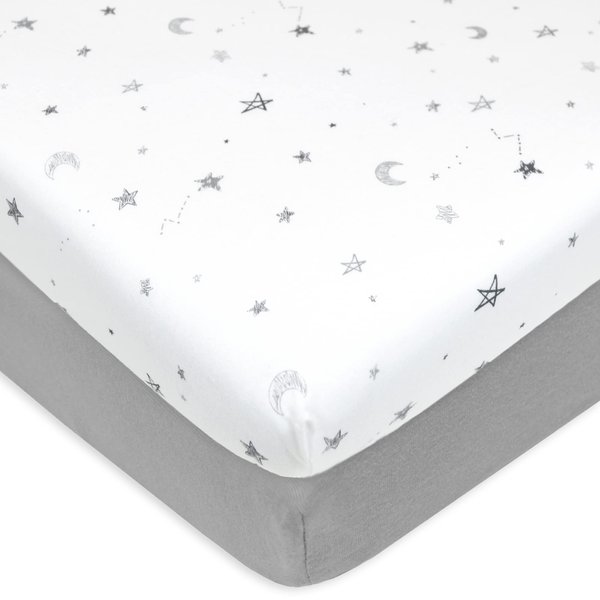 American Baby Company 2 Pack Fitted Mini Crib Sheet 24" x 38", Soft Breathable Neutral 100% Cotton Jersey Portable Sheet, Gray Stars and Gray, for Boys and Girls, Fits Most Pack N Play Mattresses