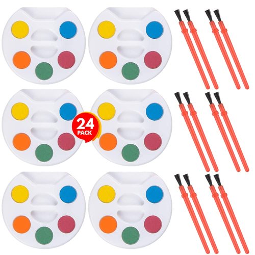 Mini Watercolor Paint Set, Pack of 24, Bulk Paint Palette, 5 Color Mini Paint Set Kit with Brushes, Art Party Favors for Kids 3-5 Boys & Girls, Educational Paint Party Favors for Party