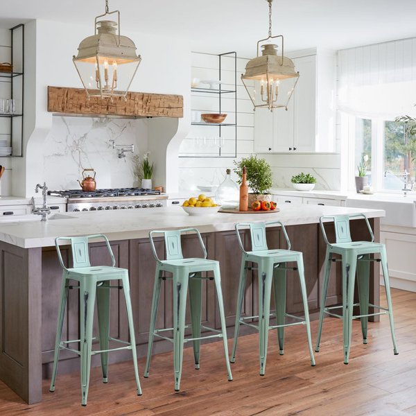 HAOBO Home 24" Low Back Industrial Metal Barstools Distressed Green-Blue Bar Stools Counter Height Stools [Set of 4]