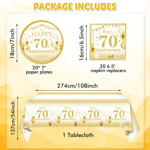Gold Birthday Decorations 70th Party Tableware Set 1954 70th Theme Birthday Party Table Decoration Supplies Cheers to 70 Years Paper Plate Napkin Tablecloth for Birthday Anniversary Party Supplies
