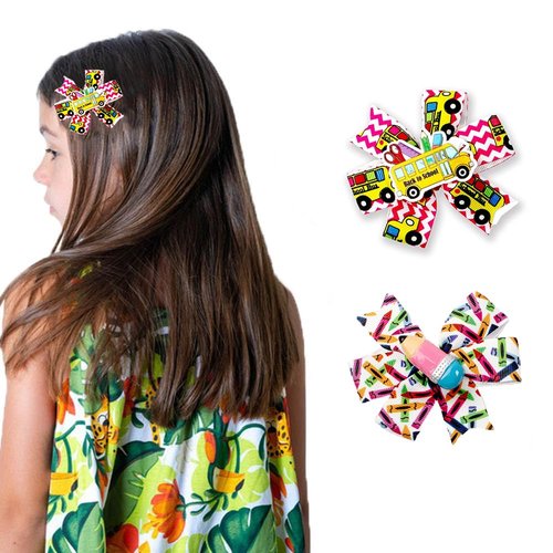 4Pcs Back to School Hair Bows Clips - School Bus Hair Bow Barrettes Yellow Pencil Colorful Hair Clips Cute Hair Accessories for Toddler Kids (Red-Bus&Pencil)