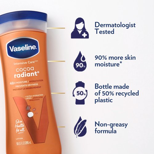 Vaseline Intensive Care Body Lotion Cocoa Radiant for Dry Skin Lotion Made with Ultra-Hydrating Lipids and Pure Cocoa Butter for a Long-Lasting, Radiant Glow 10 oz