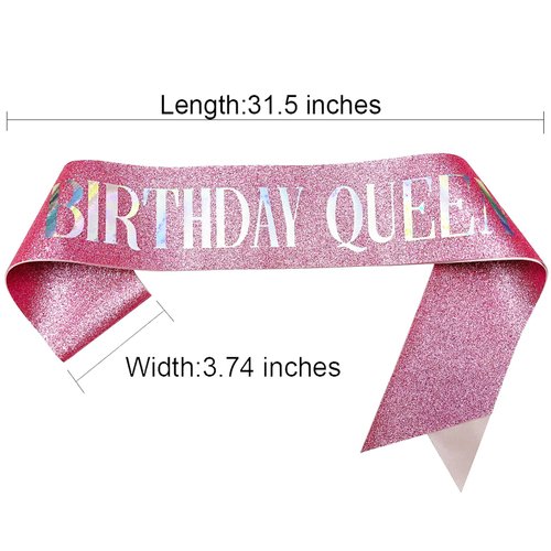 NAUXIUDSJS Birthday Queen Sash, Birthday Sash for Women, Glitter Pink Sash Multi color Foil, Party Favors Supplies Decorations for 18th 21st 30th 40th 50th 60th 70th 80th or Any Bday Party,Pink