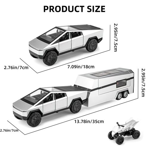 Cybertruck Diecast Metal Toy Trucks with Lights and Sounds, 1/32 RV Campground Vehicles Toys for Boys Girl Women Adult, Ages 3 and Up (Silver)