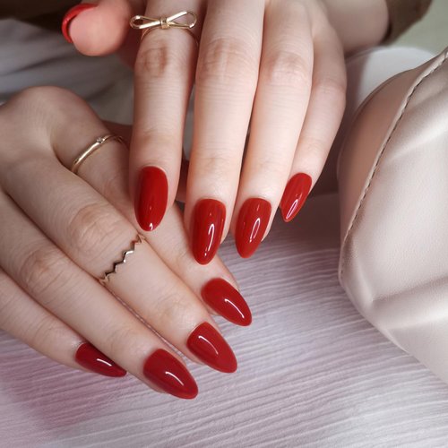 Artquee Red Almond Press on Nails Short Fake Nails Art Solid Color False Nails Glossy Reusable Stick on Nails in 15 Sizes - 30 Nail Kit