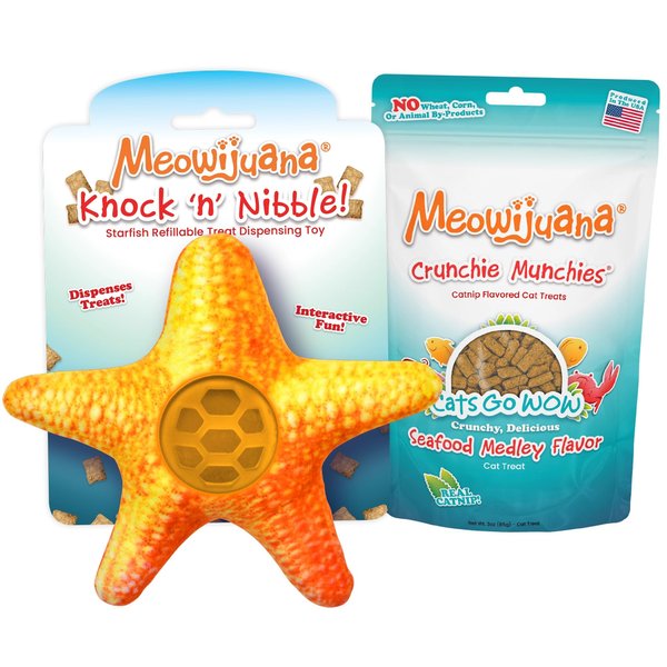 Meowijuana | Knock N' Nibble Starfish & Seafood Treat Bundle | Crunchie Munchie Catnip Treats | Refillable Treat Dispensing Toy | Promotes Play and Cat Health