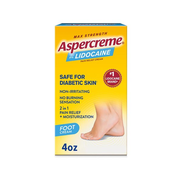 Aspercreme Lidocaine Foot Pain Relief Cream for Diabetic Skin Soothes Nerves & Moisturizes Dry Feet, Numbing Topical Analgesic With Max-Strength Lidocaine & Moisturizing Aloe, 4 Oz.