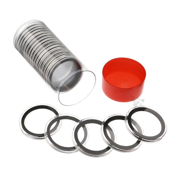 Red Lid Capsule Tube & 20 39mm Black Ring Coin Capsules for 1oz Silver & Copper Rounds and Casino Chips by OnFireGuy