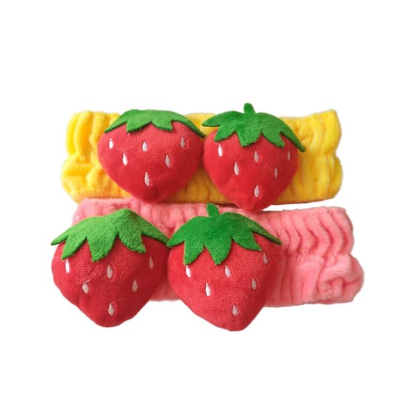 Jilukibo 2 Pack Cute Strawberry Wash Headband for Women Girl, Soft Elastic Makeup Washing Face Hair Band, Soft Shower Facial Headwraps Hairlace for Yoga Sports Spa Mask (Pink, Yellow)