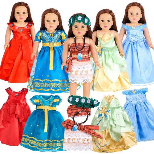 18-Inch Girl Doll Clothes Princess Dress - 5 Sets Princess Dresses Includes Pocahontas, Merida, Tiana, Elena, Cinderella Fits 18” Dolls (Set5-02)
