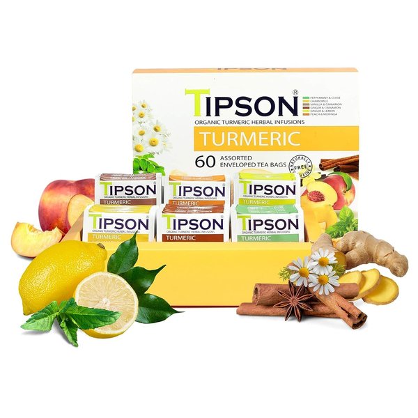 Tipson Organic Turmeric Variety Sampler - 6 Flavors (60 Tea Bags), Herbal Tea Infusions - USDA Organic, Non GMO, and Gluten Free