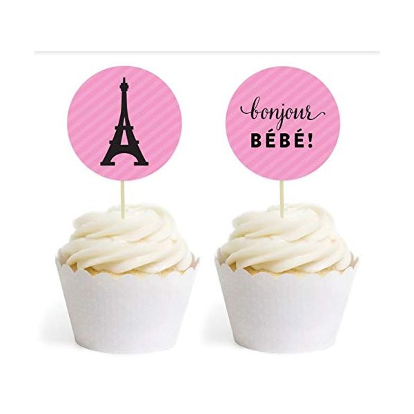 Andaz Press Paris Bonjour Bebe Girl Baby Shower Collection, Cupcake Topper DIY Party Favors Kit, Bonjour Bebe and Graphics, 20-Pack