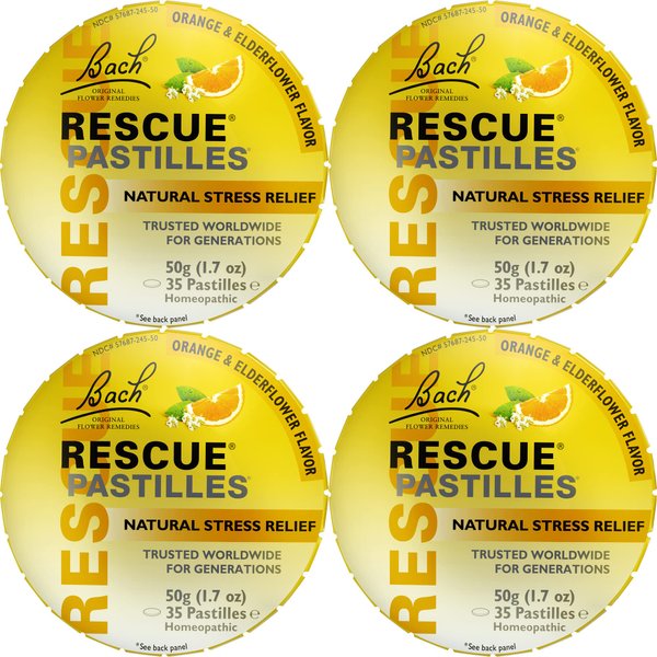 RESCUE Bach PASTILLES, Orange and Elderflower Flavor, Natural Stress Relief Lozenges, Homeopathic Flower Essence, Vegetarian, Gluten & Sugar-Free, 4 Count