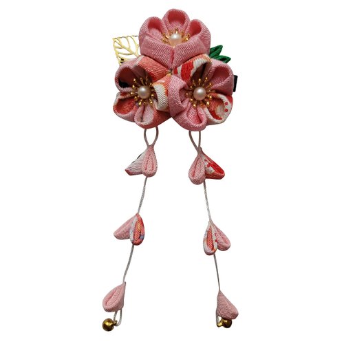 CRB Fashion Womens Kimono Traditional Tsumami Kanzashi Outfit Wedding Japanese Asian Yukata Hair Tie Flower Floral Fan Barrette Clip (Pink Multi Leaf)