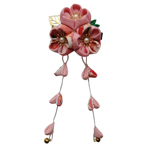 CRB Fashion Womens Kimono Traditional Tsumami Kanzashi Outfit Wedding Japanese Asian Yukata Hair Tie Flower Floral Fan Barrette Clip (Pink Multi Leaf)