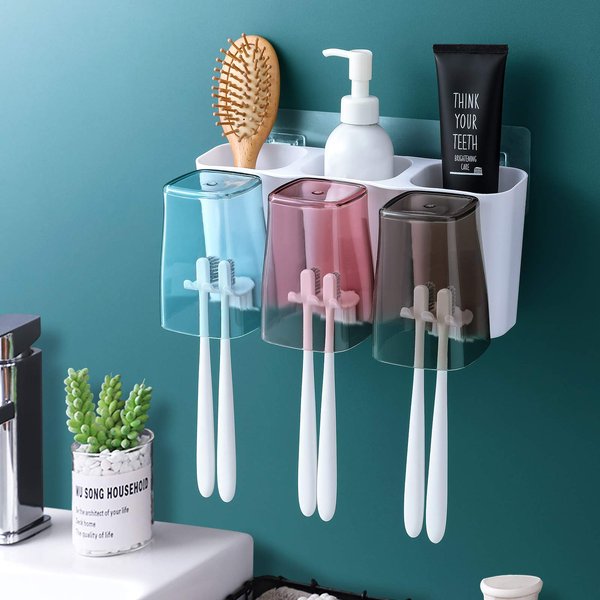 Goowin Toothbrush Holder for Bathroom, Eco-Friendly Mighty Large Capacity Toothbrush Holder Wall Mounted with 3 Square Cups for Family or Dormitory