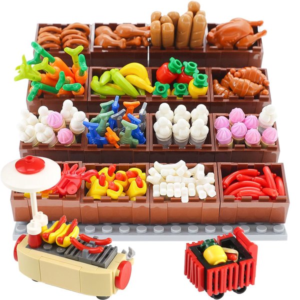 BrickBounty 190 Pcs Supermarket Building Block Set Compatible with City-Food, Restaurant-Kitchen Kit with Hotdog-Stall-Ice-Cream-Turkey-Banana Handcart Fish Crab
