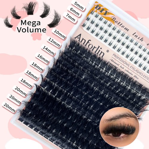 Fluffy Lash Clusters 10-20mm with Bottom Lashes 5-7mm Thick 200D Eyelashes 214 Pcs D Curl Mega Volume Eyelash Clusters Beginner Friendly Cluster Eyelash Extensions DIY at Home, by Anforlin