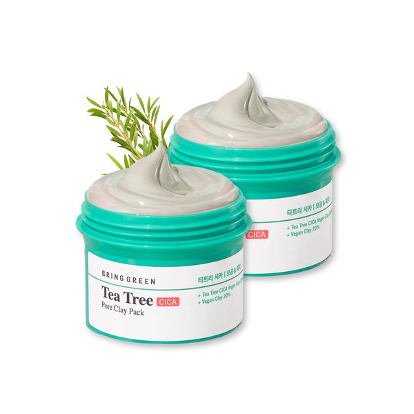 BRING GREEN Tea Tree Cica Pore Clay Pack Double Set| Vegan Deep Pore Cleansing Clay Mask, for Pore Purifying, Contains Cica & Tea tree for Soothing & Relieving Stressed Skin