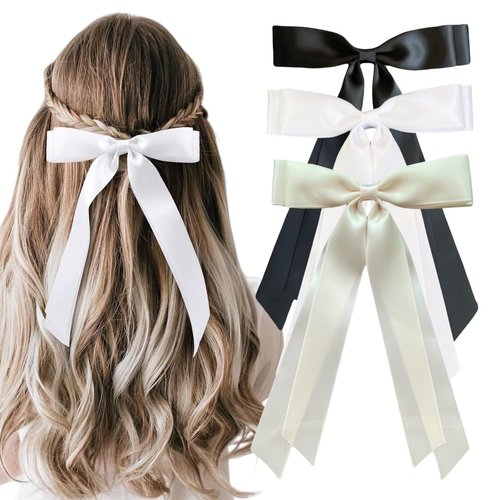Hair Bow Clips 3 Pcs, Women Silky Satin Hair Bowknot Clips Hairclips Double Ribbon Tassel Ponytail Holder Accessories, Hair Bow Barrettes Clips for Girls Toddlers Teens Kids Gifts, Black+Beige+White