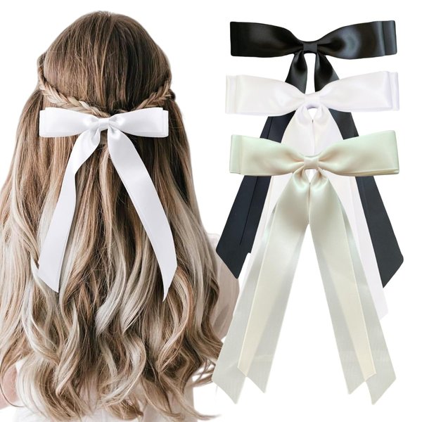 Hair Bow Clips 3 Pcs, Women Silky Satin Hair Bowknot Clips Hairclips Double Ribbon Tassel Ponytail Holder Accessories, Hair Bow Barrettes Clips for Girls Toddlers Teens Kids Gifts, Black+Beige+White