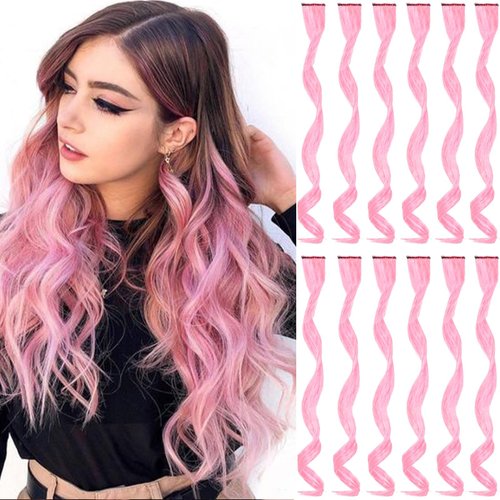 GPOVVIMX 12 PCS Pink Hair Extensions Clip in, Curly Wavy Colored Extension for Kids Girls - Party Highlights Synthetic Hairpiece 17 inch