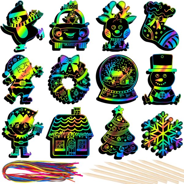 RICEDUO Christmas Scratch Crafts Art for Kids, 48 Pieces Rainbow Christmas Scratch Paper Art with Wooden Sticks, Christmas Ornaments for Kids Party Favors Supplies