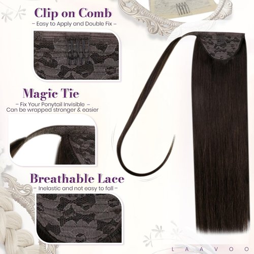 LaaVoo Brown Ponytail Hair Extensions Clip in Human Hair 14 Inch 70g Wrap Around Straight Hair Extensions Ponytail Real Human Hair For Women