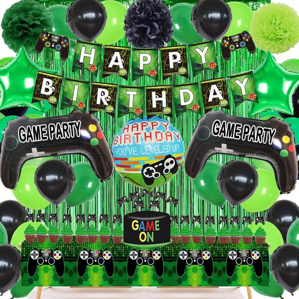 Video Game On Theme Birthday Party Decorations Set Happy Birthday Banner Balloons Tablecloth Foil Curtain Cake Toppers For Birthday Party, Boys Party, Family Party Supplies