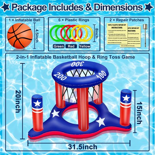 American Flag Pool Toys Games for Kids Adult 2-in-1 Floating Basketball Hoop Inflatable Cross Ring Toss Games Set Summer Swimming Pool Water Games Toys