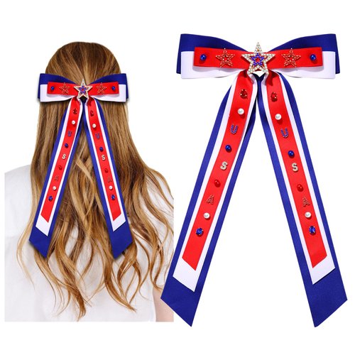 4th of July Bows for Women Red White and Blue Hair Bows Fourth of July Hair Accessories American Flag Star USA Hair Bow Clips Ribbon Ponytail Holder 4th of July Accessories Outfits Gifts (Pattern L)