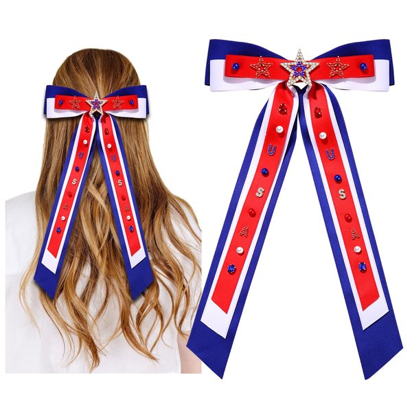 4th of July Bows for Women Red White and Blue Hair Bows Fourth of July Hair Accessories American Flag Star USA Hair Bow Clips Ribbon Ponytail Holder 4th of July Accessories Outfits Gifts (Pattern L)