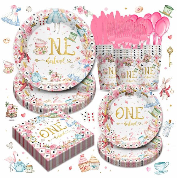 Piooluialy Alice Birthday Party Supplies Tableware - First Birthday Party Decorations Include Plates, Cups, Napkins, Dinnerware, Wonderland Themed One Year Old Birthday Party Supplies | Serves 24