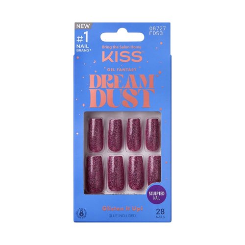 KISS False Nails Kit, Dreamdust Ready to Wear Gel Sculpted Nails, Stick and Glue Included, Long Length, Square Shape with Glitter Effect, Long-Lasting Hottest Trend Glue on Nails
