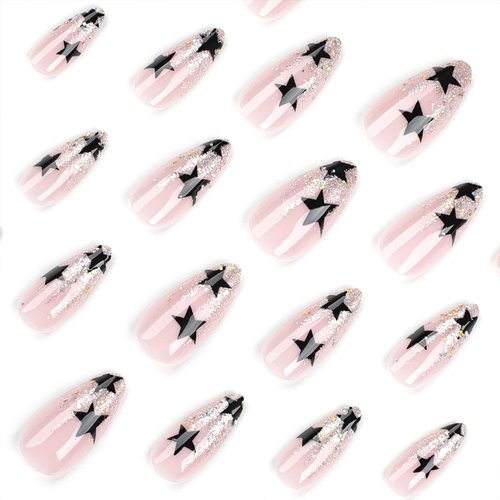 Vopintpy Black Star Press on Nails Long Oval Fake Acrylic Nails Silver Glitter Design Glue on Nails Reusable Mirror Stick on Nails for Women DIY Manicure Decoration