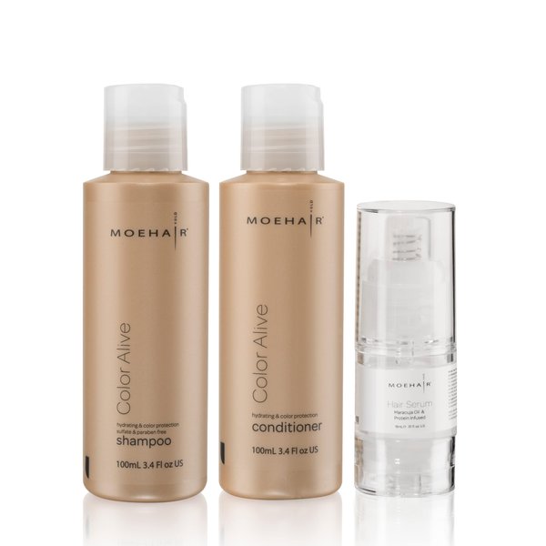 MOEHAIR Travel Pack of Color Alive Shampoo (3.4 Fl Oz), Color Alive Conditioner (3.4 Fl Oz) and Hair Serum (0.51 Fl Oz) | Color Shampoo and Conditioner with Frizz Ease Serum | Sulfate & Paraben-Free