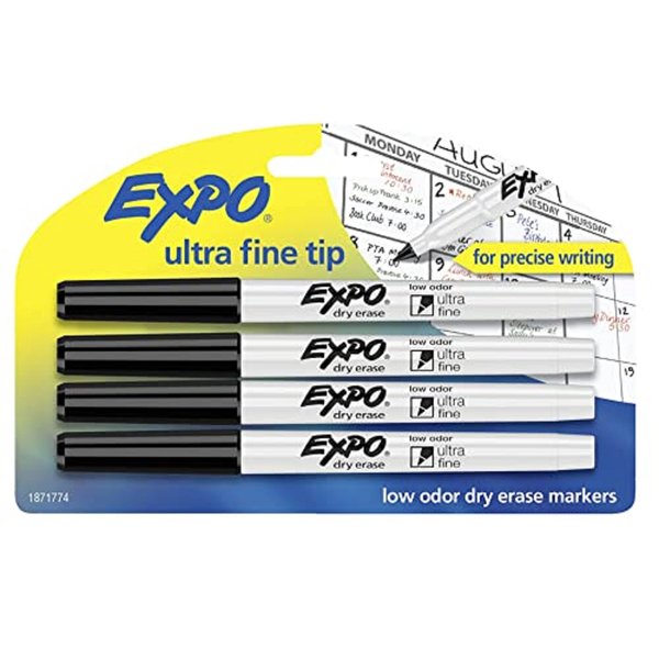 EXPO Low Odor Dry Erase Markers, Ultra-Fine Tip, Black, 4 Count