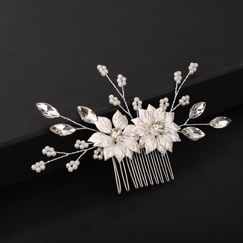 Teyglen Flower Wedding Hair Comb Handmade Gold Crystal Headpieces Bridal Pearl Rhinestone Hair Side Comb Bridal Hair Accessories for Bride Gold Silver Hair Pieces for Women Flower Girls (Silver)