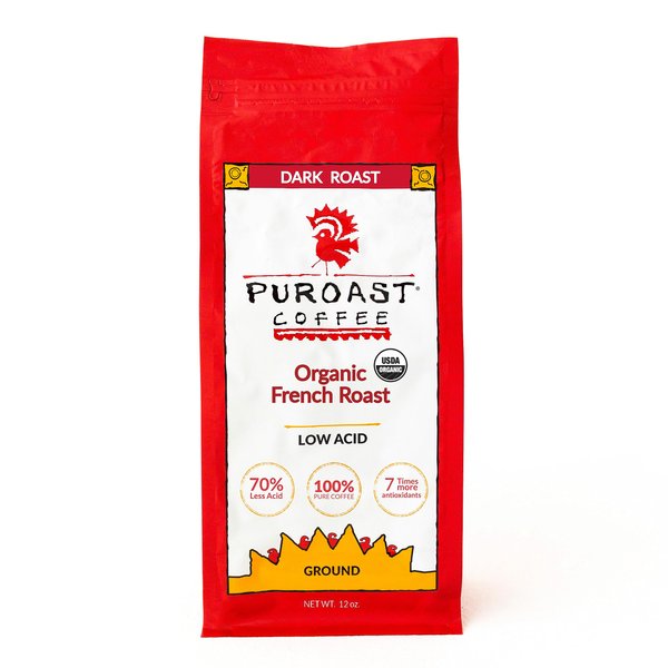 Puroast Low Acid Coffee Ground Organic French Roast, Dark Roast, Certified Low Acid Coffee, pH 5.5+, Gut Health, 12 oz., Higher Antioxidant, Smooth for Espresso, Iced Coffee