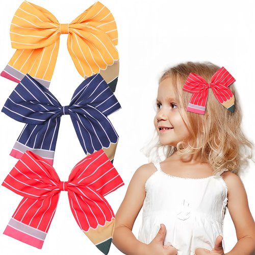 HAIMITI Back to School Hair Bows Pencil Hair Clips Yellow Red Blue Big Hair Bow Clip Stripe Cute Hairpins for Little Toddler Girls Students Kindergarten First Day of School Hair Accessories 3pcs