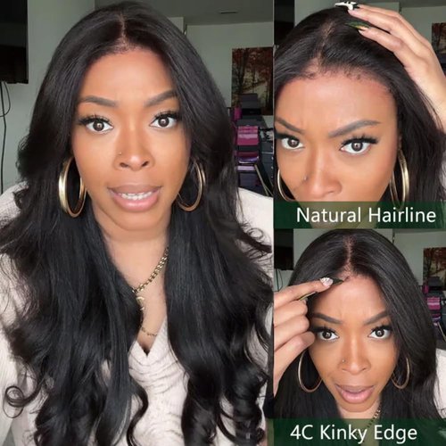 KLAIYI Kinky Edge Yaki Straight Bye Bye Knots Glueless Wig 7x5 Pre Cut Lace Front Wigs Human Hair Pre Bleached Pre Plucked Easy to Wear and Go Wig 30S Ready to Go Kinky Wig with Curly Baby Hair 16Inch