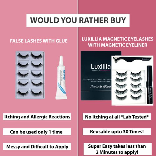 Luxillia Magnetic Eyelashes with Eyeliner 7 Piece Set, Most Natural Looking Magnetic Lashes Kit with Applicator, Best 8D, 3D Look, Reusable Fake Eye Lash, No Glue, Strongest Waterproof Liquid Liner