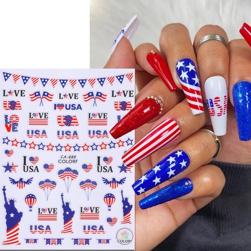 12 Sheets 4th of July Nail Stickers American Flag Patriotic Nail Design Stickers Independence Day Nail Decals 3D Self Adhesive Nail Art Supplies for Women Girls Nail Art Decorations Accessories