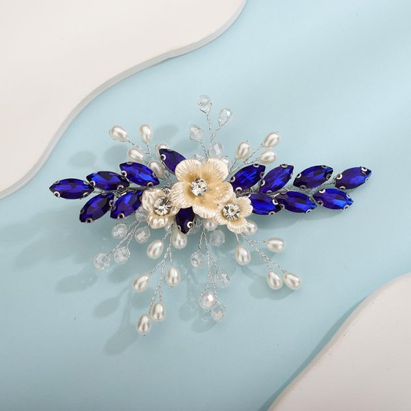 Xerling Royal Blue Rhinestones Crystal Flower Hair Barrettes Clip Boho Bridal Pearl Hair Jewelry Accessories for Women Wedding Floral Headpieces (Blue)