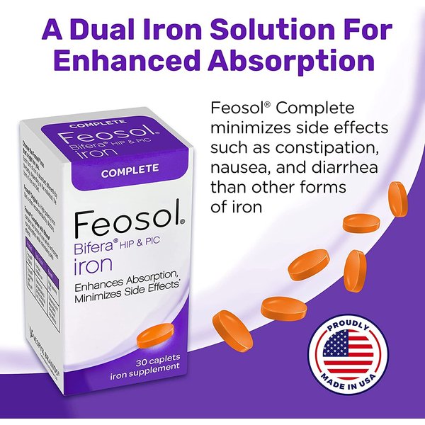 Feosol Bifera Hip & PIC Iron Supplement, Complete - 30 Caplets, Pack of 3