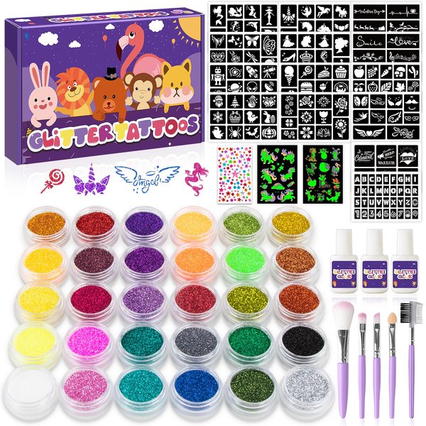 Temporary Glitter Tattoos Kit for Kids,30 Glitter Colors,169 Stencils,3 Glue,5 Brushes,2 tattoo stickers and 1 diamond sticker,Wonderful Holiday Gifts for Girls & Boys.