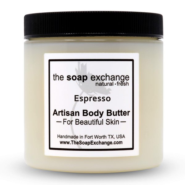 The Soap Exchange Body Butter - Espresso Scent - Hand Crafted 4 fl oz / 120 ml Natural Artisan Skin Care, Shea Butter, Aloe Vera, Nourish, Moisturize, & Protect. Made in the USA.